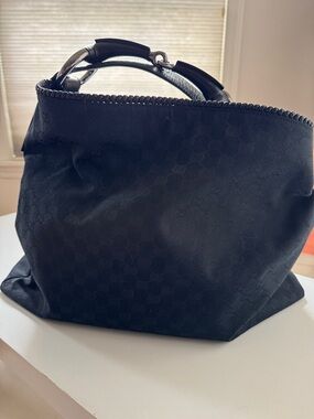 Gucci Black Monogram hobo bag with horse bit handle —excellent condition